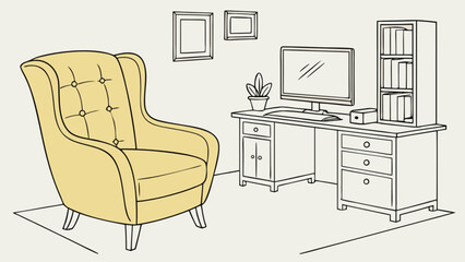 Interior design living room with armchair desk and computer setup home office furniture and decor illustration