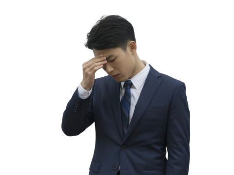 Young Asian Man in Dark Blue Suit Touching Forehead in Distress isolated on white transparent background png jpg business people clipping path cutout 2025 2026 4k full hd poster banner label download