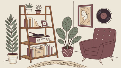 Cozy living room interior design with armchair bookshelf plants and vintage record player for relaxation time