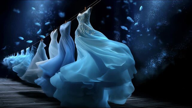 A row of blue evening gowns flows on a clothesline as if underwater among jellyfish and bubbles