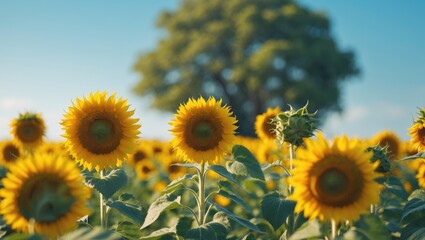 Obraz premium Sunflowers in a field with a clear blue sky and a distant tree. Bright, vibrant blooms and lush green leaves. Agricultural scenery and nature.