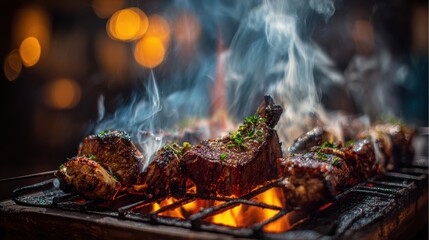 Tender marinated meat skewers are sizzling on a grill, creating a flavorful aroma that fills the air, while warm evening light adds a festive atmosphere to the gathering