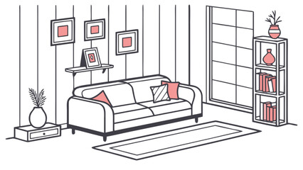 Living room interior design with sofa, bookshelf, rug, and wall art for home decor inspiration and stylish living