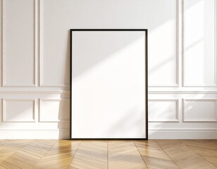 Minimalist interior with blank black framed poster on paneled wall and wooden floor