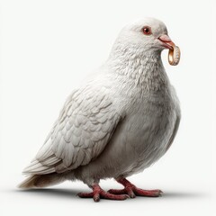 White pigeon with gold ring in beak against plain background