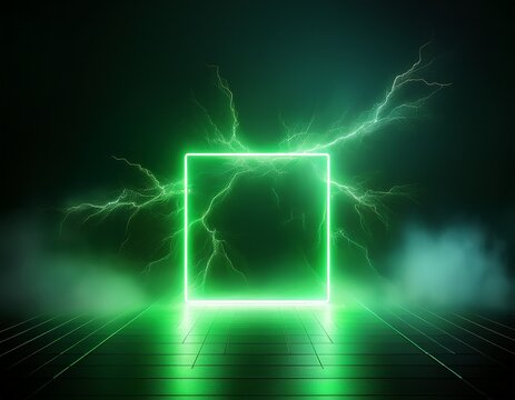 glowing green neon square lightning strike smoky studio background - Powered by Adobe