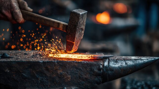 A skilled blacksmith is shaping hot metal on an anvil in a workshop. The glow from the forge illuminates the surroundings as sparks fly during the hammering process