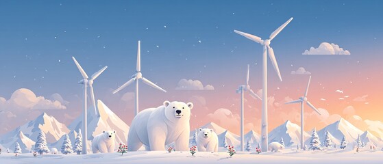 PASTELOWA ILUSTRACJA PŁASKICH NIEDŹWIEDZI POLARNYCH I PINGWINÓW W ARKTYCZNYM KRAJOBRAZIE Z ELEKTROWNIAMI WIATROWYMI