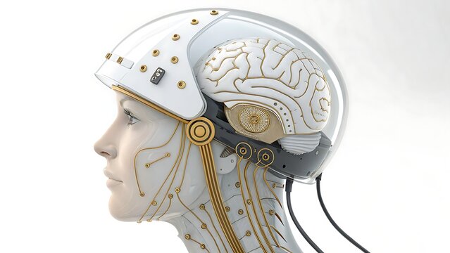 Close up of mannequin head with brain and futuristic helmet on