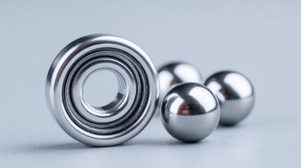 Shiny metallic spheres and a circular ring rest on a smooth surface, showcasing reflections and textures. This composition highlights elegant design and craftsmanship in metalwork