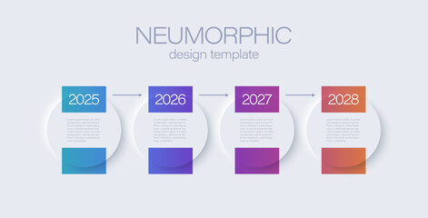 Neumorphism horizontal white infographic template. Four steps, process layout infographic, timeline template