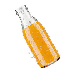 Glass bottle filled with bubbly orange soda drink isolated on transparent background