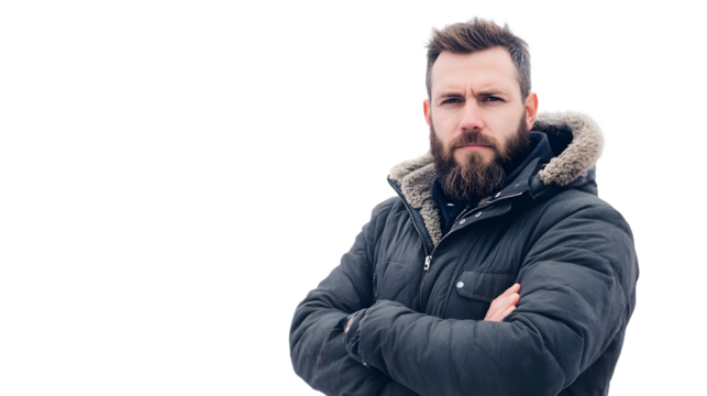 A bearded man in a winter coat with fur trim standing with his arms crossed looking at the camera - Powered by Adobe