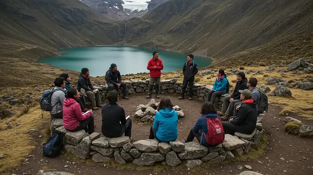 Group Discussion by Scenic Lake in Mountainous Landscape