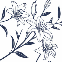 Vector art of elegant lily flowers and buds with leaves, drawn in a simple outline style with dark blue lines on a white background, isolated on white background