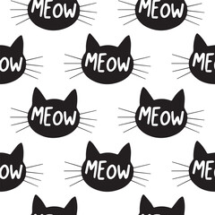 black cat silhouette pattern with meow lettering playful seamless vector background for fabric textile wallpaper and wrapping