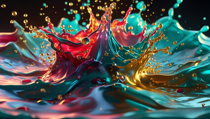 Colorful Liquid Splash with Golden Droplets in Mid-Air