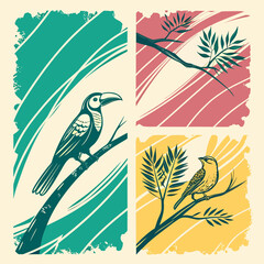 Vector art of a vibrant illustration featuring a toucan and a smaller bird perched on branches with lush green leaves, set against a backdrop of teal and pink abstract shapes