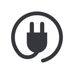 Isolated pictogram of electric plug inside a circular outline, representing electricity, energy, power connection, charging, technology, utility, and electrical safety concepts.