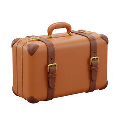 Vintage brown leather suitcase with straps and buckles isolated on transparent background