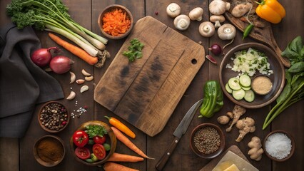 Fresh ingredients and cutting board for healthy cooking preparation