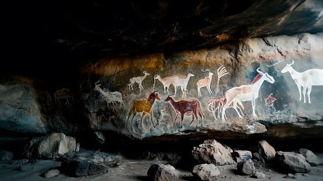 Acoma cave painting featuring a group of antelopes and deer, painted on a rocky terrain. The painting is set against a backdrop of a cave wall, and the animals are depicted in various poses.