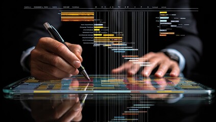 Businessman working on a tablet with projected project management software