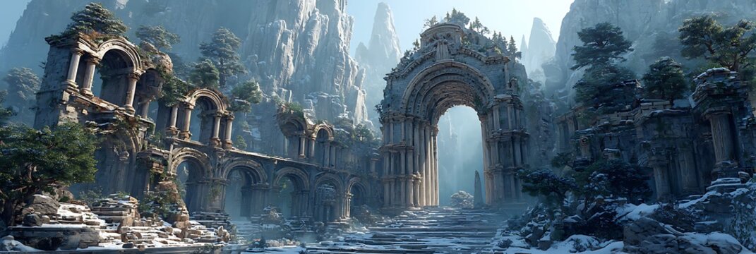 Futuristic soldier robot patrolling ancient ruins in icy blue fog
