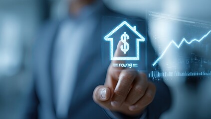 Businessman interacts with a glowing virtual house and dollar sign