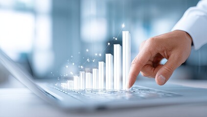Business hand on laptop with growing graph