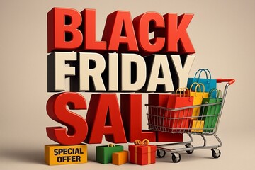 Massive Black Friday Sale event with shopping cart full of colorful bags and special offers awaits shoppers.