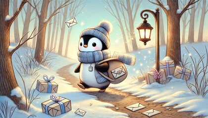 A Small Penguin Mail Carrier Walks Along a Snow-Melting Forest Path Under a Soft Blue Sky, Delivering Magical Letters and Packages in a Whimsical Spring Scene