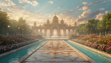 Fototapeta premium Architectural Majesty: A breathtaking vision in white and gold rises against the clouds, its perfect symmetry reflected in the ornate, pristine pools below.