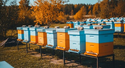 Colorful Beehives in Autumn Landscape