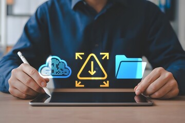 Cloud Data Security and Vulnerability Assessment with a Person Using a Tablet to Access Cloud Storage and Downloading Files with a Warning Sign