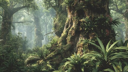 Lush dense rainforest with ancient moss covered trees and vibrant green foliage jungle dense forest