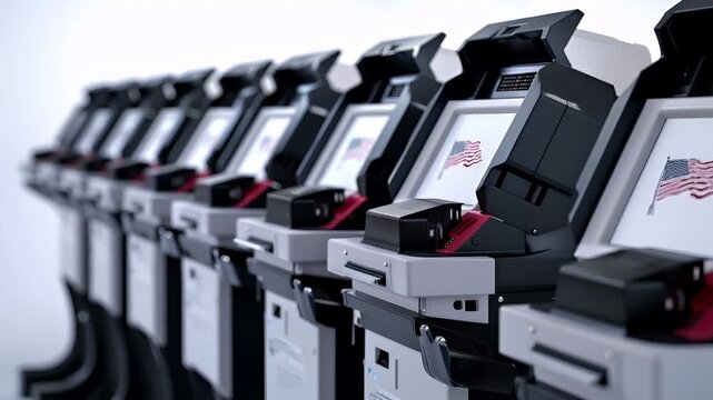Vote season. A closeup of a row of voting machines with American flags displayed on their screens. The machines are black and gray with red accents.