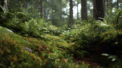 Fototapeta premium Lush green forest floor with ferns and moss in soft sunlight and falling water droplets nature
