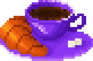 Fototapeta premium coffee cup and croissant with pixel art style series