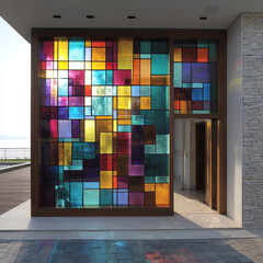 Kaleidoscope-colored glass window in a modern villa, vibrant design, contemporary architecture, artistic and decorative