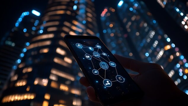 Hand holding smartphone with digital network interface against illuminated skyscrapers at night mobile