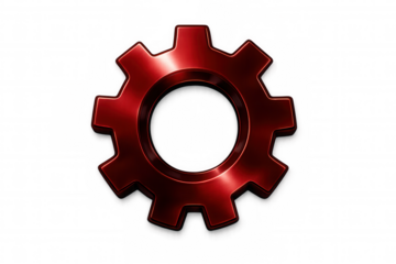 Gleaming red metallic gear spinning, symbolizing precision engineering against translucent backdrop