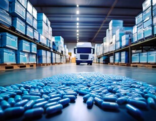 pharmaceutical distribution center bottles of blue pills sit on a warehouse floor with a truck in the background
