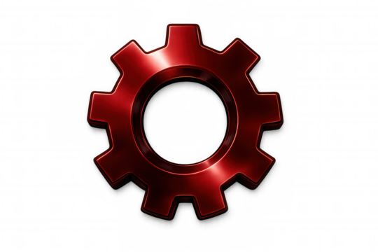 Gleaming red metallic gear spinning, symbolizing precision engineering against translucent backdrop