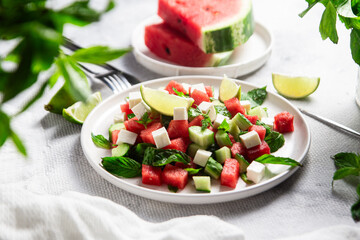 Watermelon and Feta Salad with Cucumber, Basil, and Lime