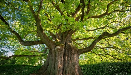 Fototapeta premium a beautiful mature tree with a broad canopy of fresh green leaves and a strong textured trunk