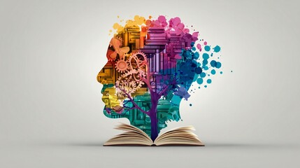 SILHOUETTE DI TESTA UMANA CON ALBERO COLORATO CHE CRESCE DA UN LIBRO