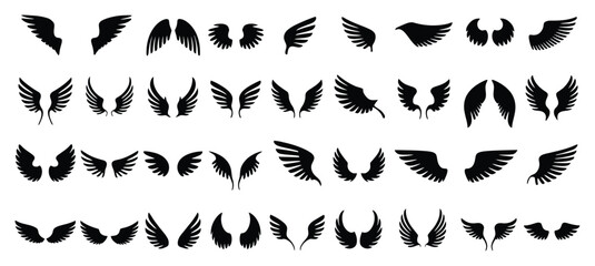 Naklejka premium Vector art of collection of various angel wings isolated on white background, featuring diverse shapes and styles, perfect for adding a touch of ethereal beauty and symbolism to your creative projects