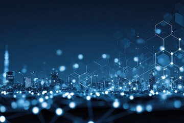 Night city skyline with digital network overlay (1)