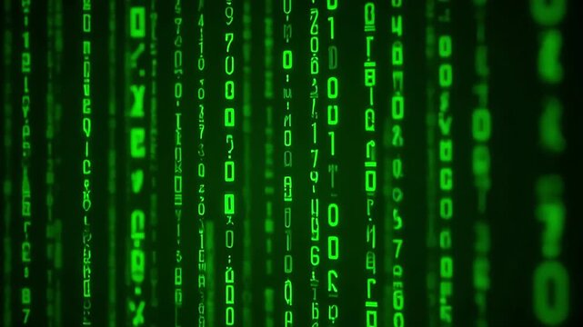 Dynamic streams of green binary code flicker in the digital realm, a modern technology backdrop